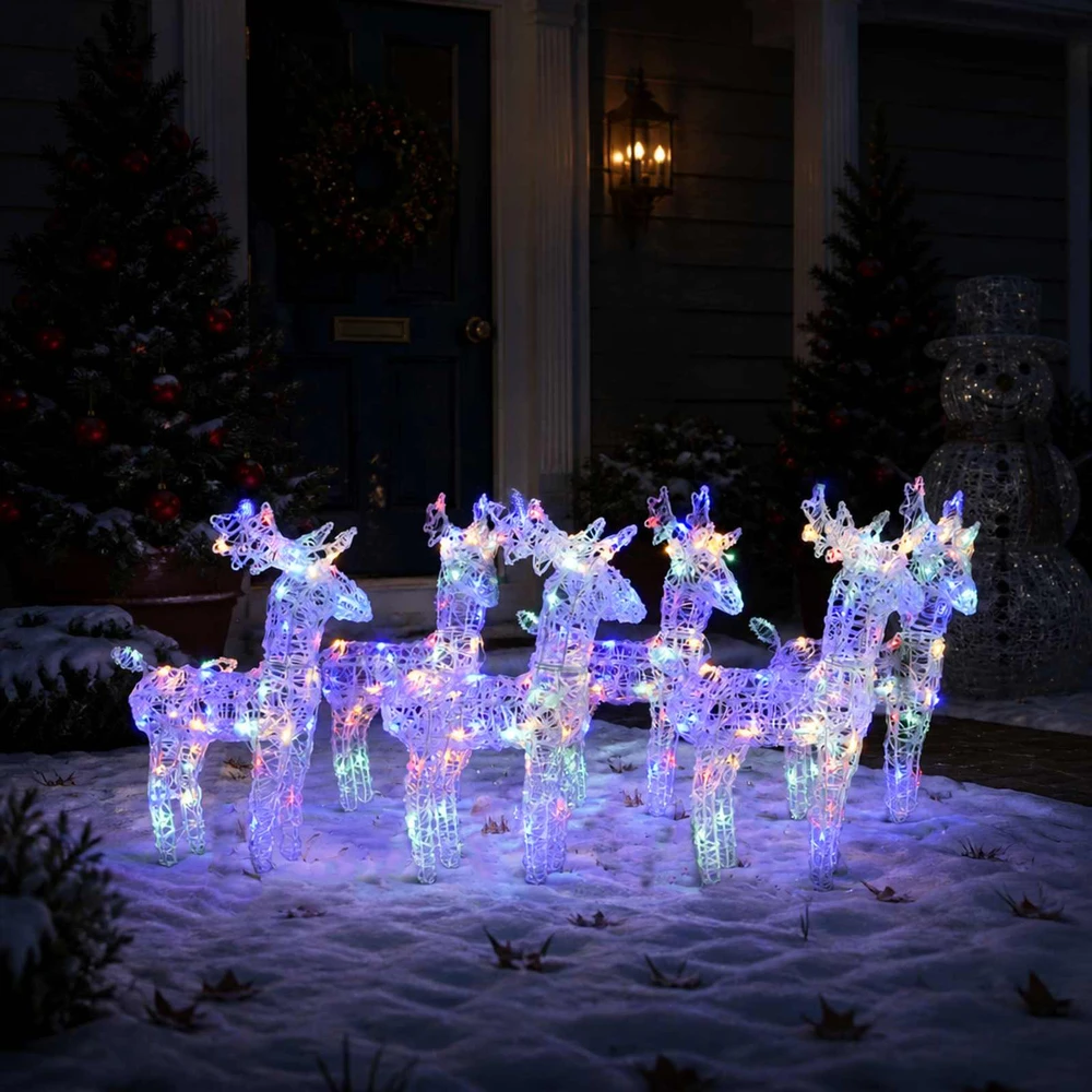 Kalėdiniai elniai, 6vnt., įvairių spalvų, akrilas, 240LED
