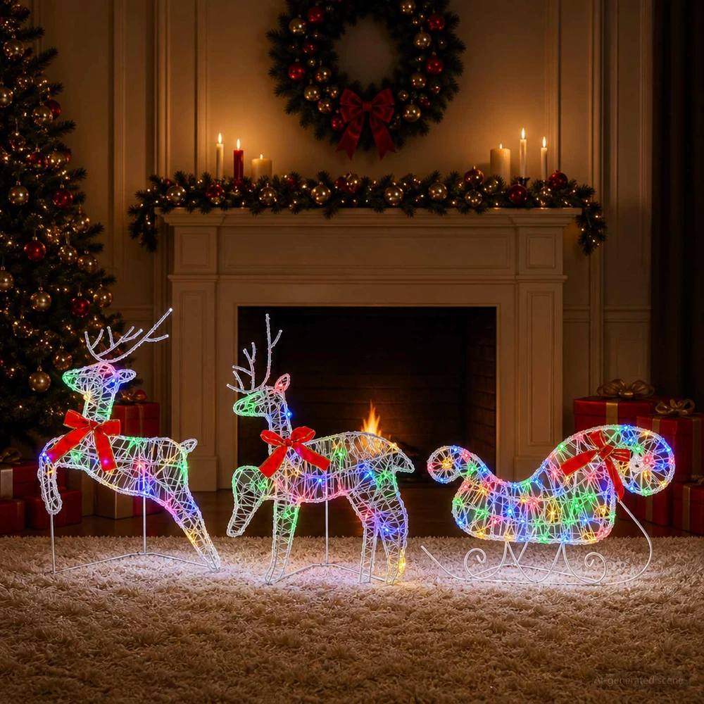 Kalėdinis elnias su rogutėmis 3 vnt. 60 LED Įvairių spalvų