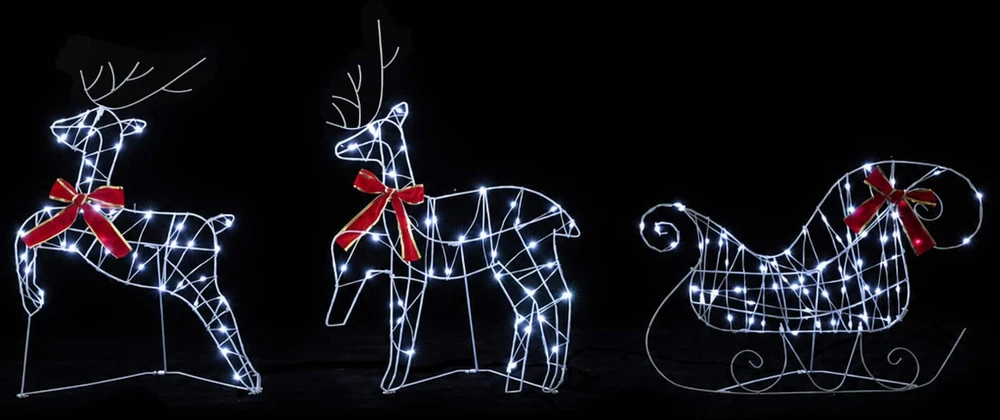 Kalėdinis elnias su rogutėmis 5 vnt. 230 LED Šalta balta