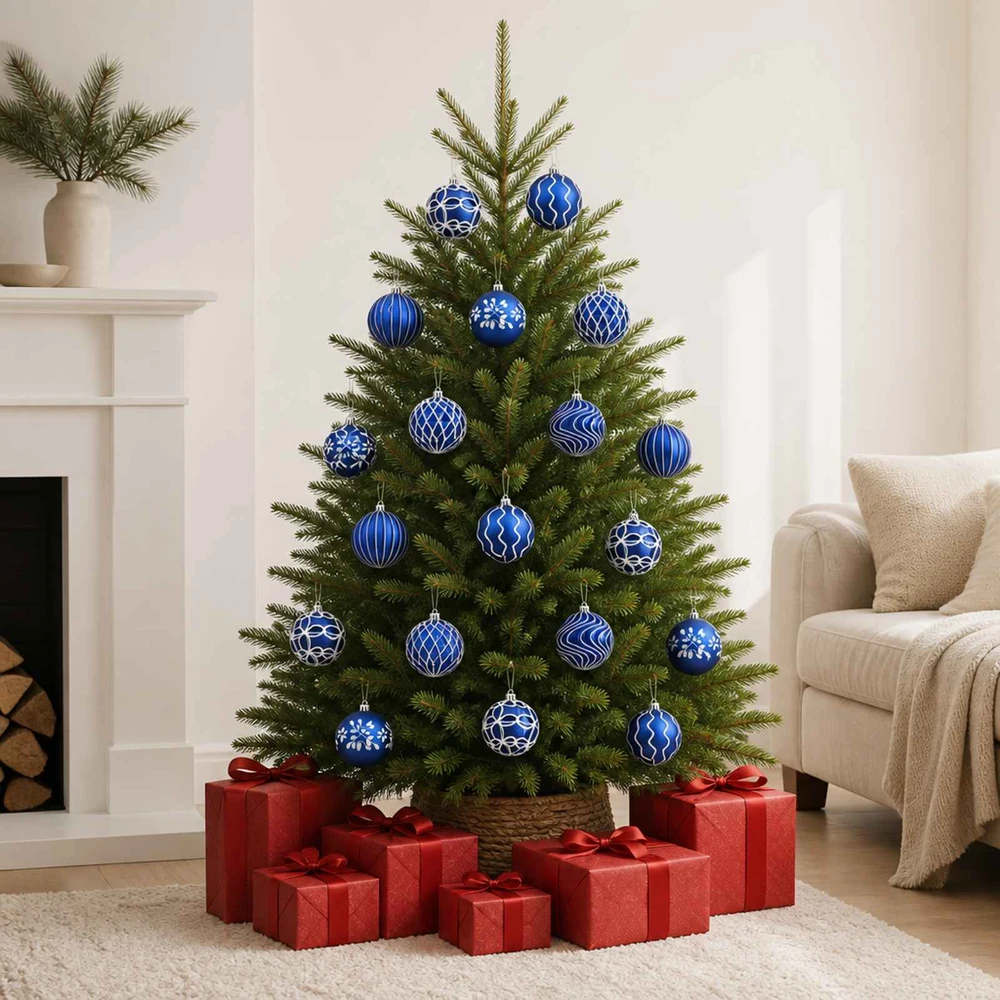 Kalėdinių kamuoliukų rinkinys XL 18 vnt. Mėlyna ir balta 8 cm