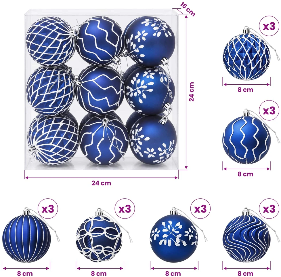 Kalėdinių kamuoliukų rinkinys XL 18 vnt. Mėlyna ir balta 8 cm