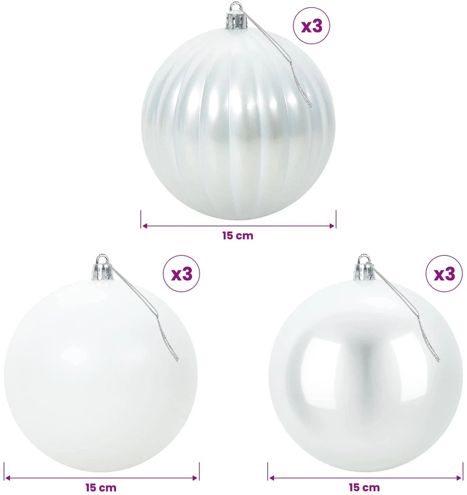 Kalėdinių kamuoliukų rinkinys XL 9 vnt. Balta Skersmuo 15 cm