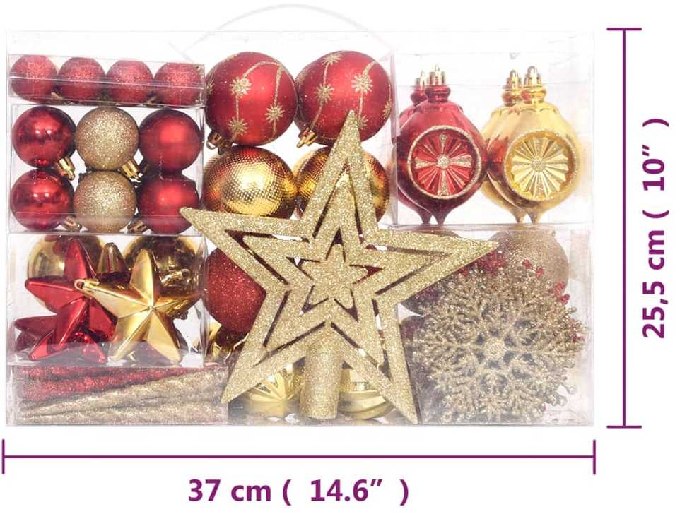 Kalėdinių žaisliukų rinkinys, 108vnt., auksiniai ir raudoni