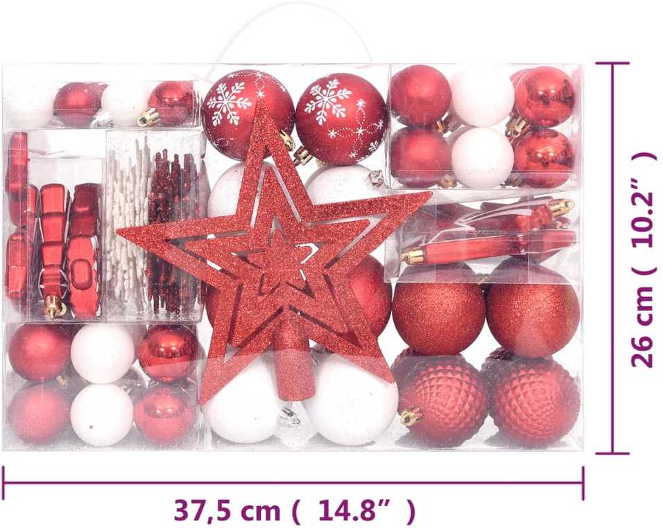Kalėdinių žaisliukų rinkinys, 108vnt., raudoni ir balti