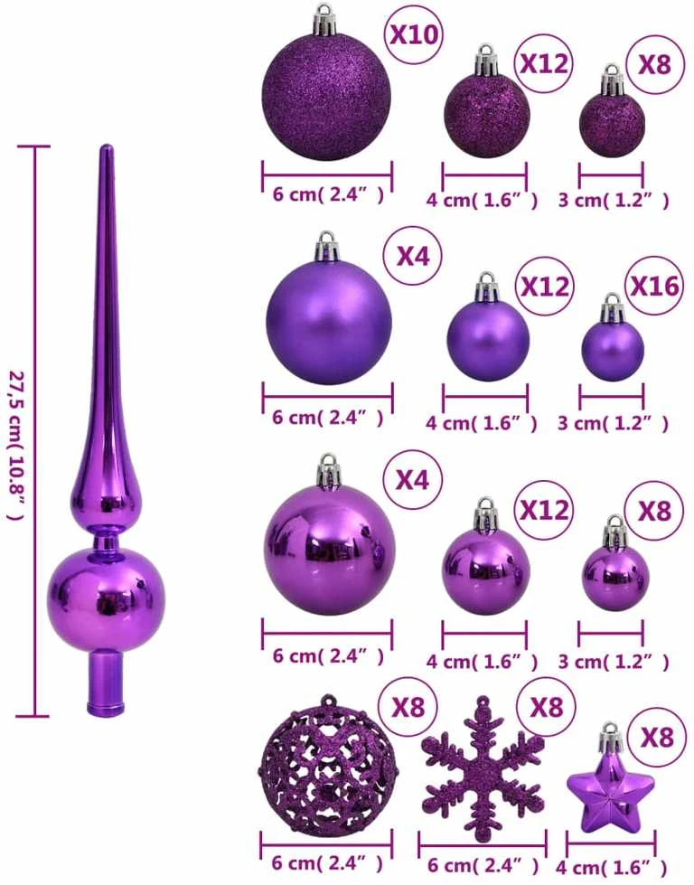 Kalėdinių žaisliukų rinkinys, 111vnt., violetinis, polistirenas