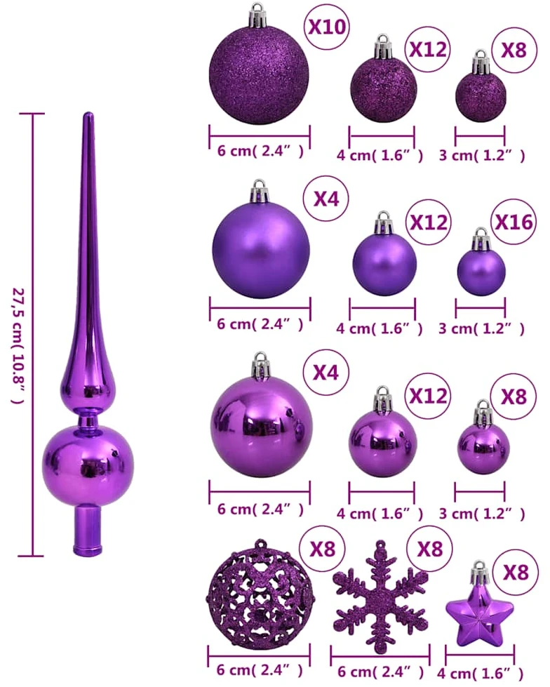 Kalėdinių žaisliukų rinkinys, 111vnt., violetinis, polistirenas