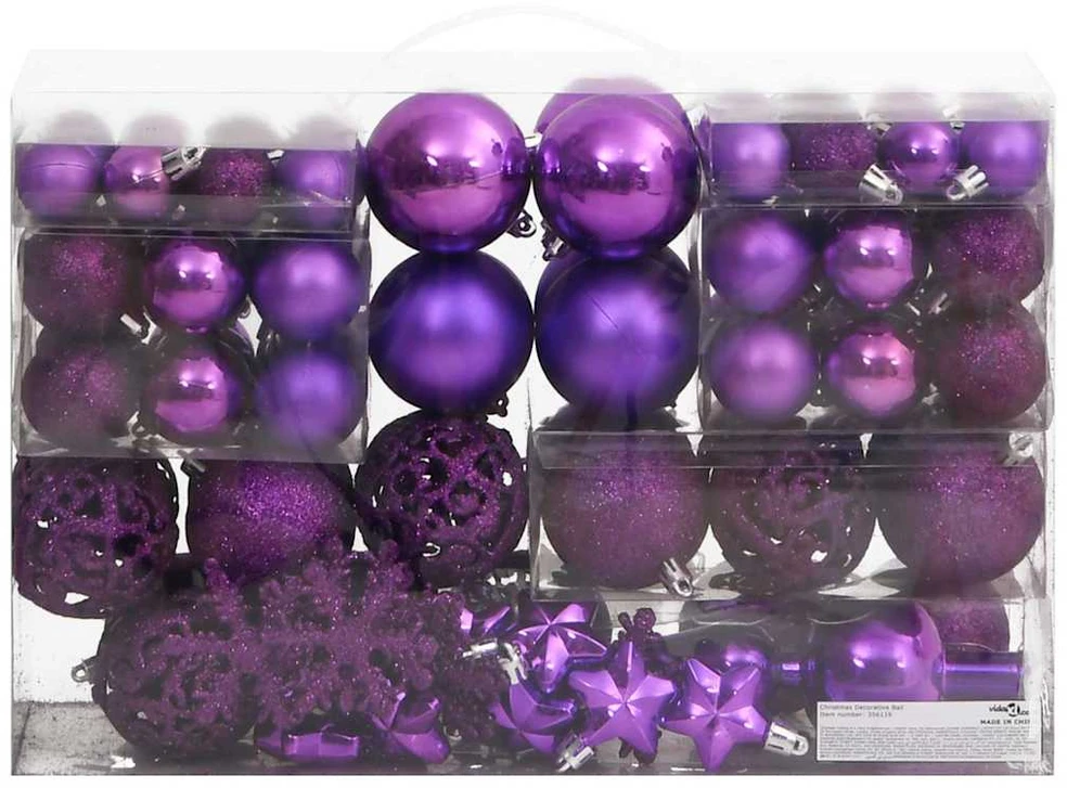 Kalėdinių žaisliukų rinkinys, 111vnt., violetinis, polistirenas