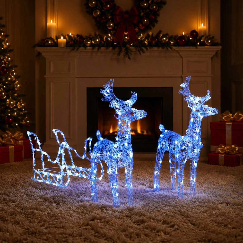 Kalėdų dekoracija elniai ir rogės, 130cm, akrilas, 160 LED