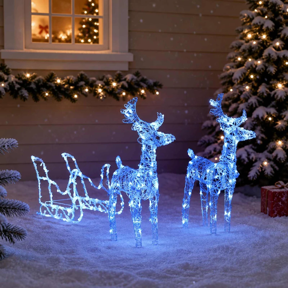 Kalėdų dekoracija elniai ir rogės, 130cm, akrilas, 160 LED