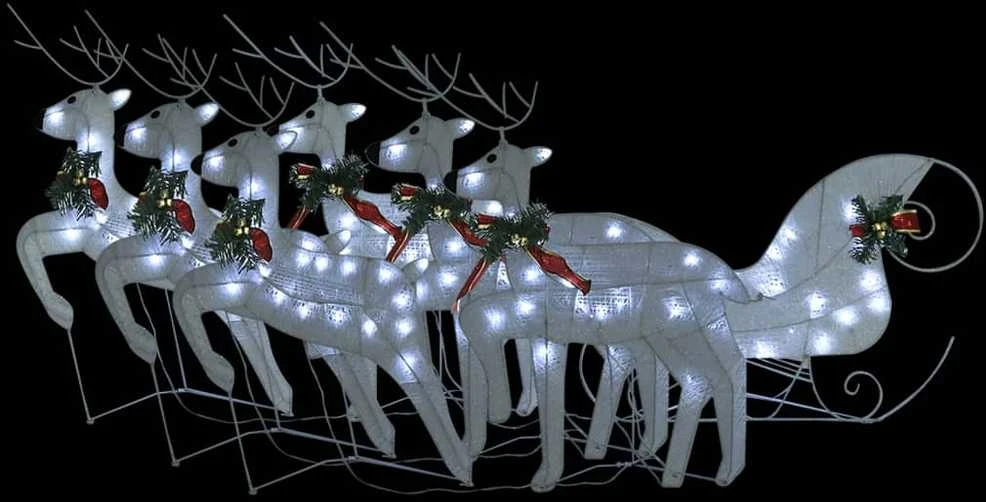 Kalėdų dekoracija elniai ir rogės, baltos spalvos, 140 LED