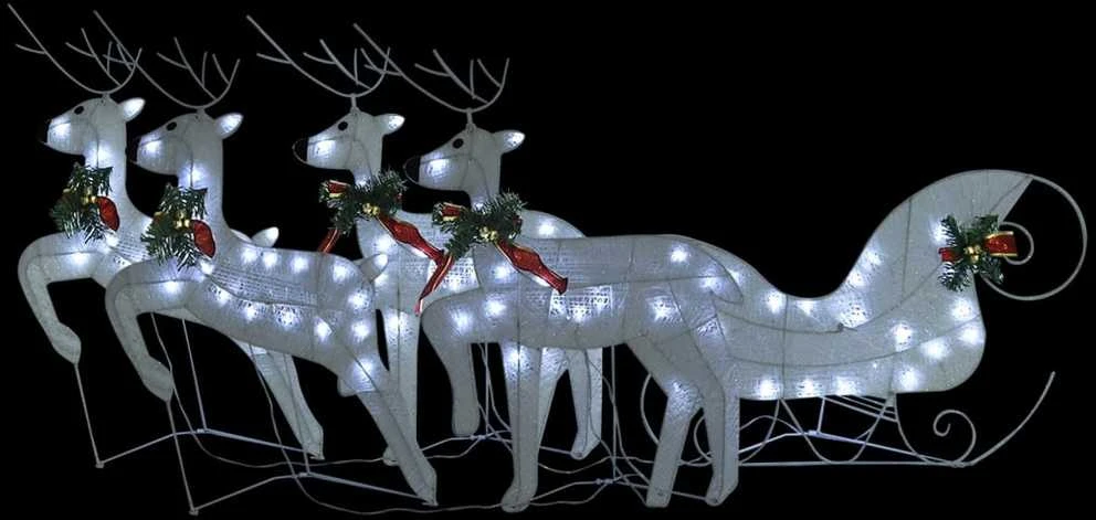 Kalėdų dekoracija elniai ir rogės, baltos spalvos, 100 LED