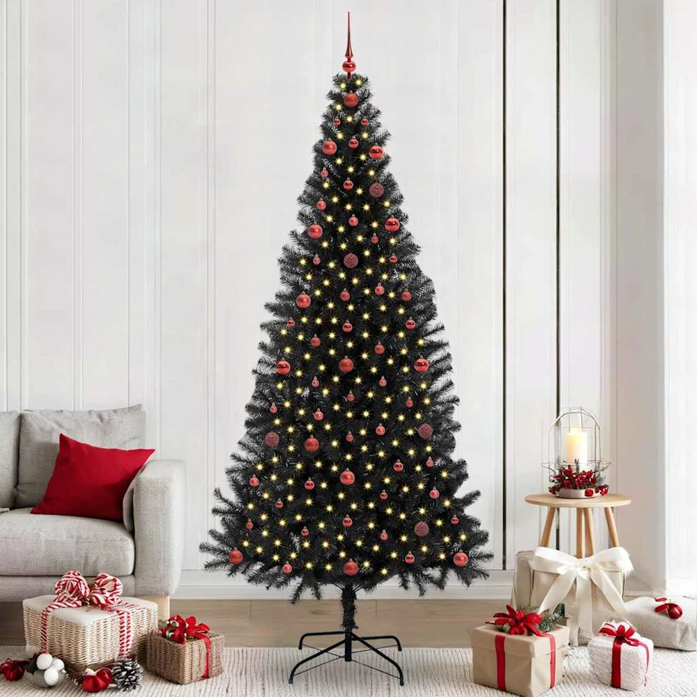 Kalėdų eglutė su LED lemputėmis Juoda 240 cm PVC ir Plienas