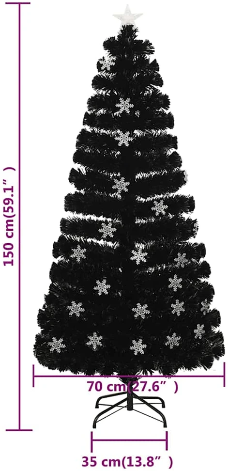 Kalėdų eglutė su LED snaigėmis, juoda, 150cm, optinis pluoštas
