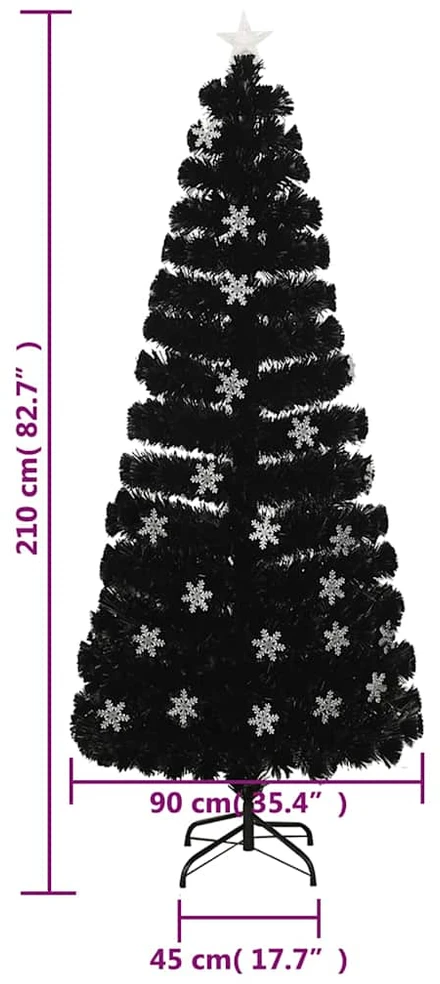 Kalėdų eglutė su LED snaigėmis, juoda, 210cm, optinis pluoštas