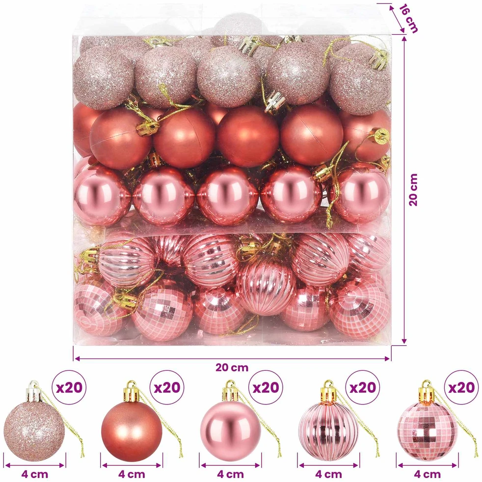 Kalėdų kamuoliukų rinkinys 100 vnt. Rožinė ir rausva 4 cm