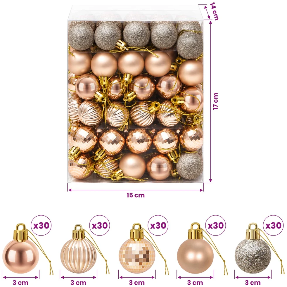 Kalėdų kamuoliukų rinkinys 150 vnt. Rožinė aukso 3 cm