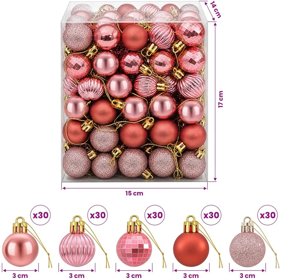 Kalėdų kamuoliukų rinkinys 150 vnt. Rožinė ir rausva 3 cm
