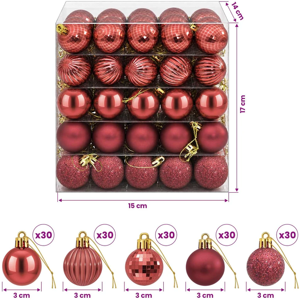 Kalėdų kamuoliukų rinkinys 150 vnt. Vyno raudona 3 cm