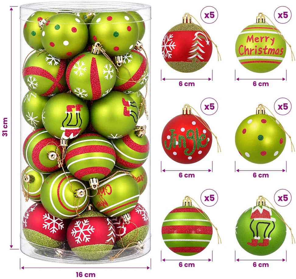 Kalėdų kamuoliukų rinkinys 30 vnt. Šviesiai žalia Ø 6 cm
