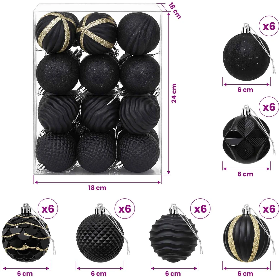 Kalėdų kamuoliukų rinkinys 36 vnt. Juoda 6 cm Polystirenas