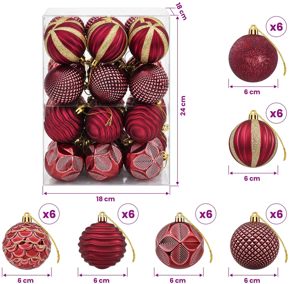 Kalėdų kamuoliukų rinkinys 36 vnt. Vyno raudona 6 cm