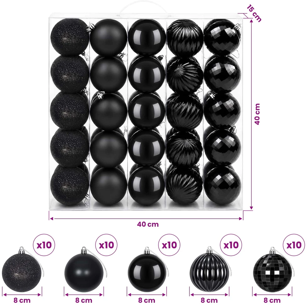 Kalėdų kamuoliukų rinkinys 50 vnt. Juoda 8 cm Polystirenas