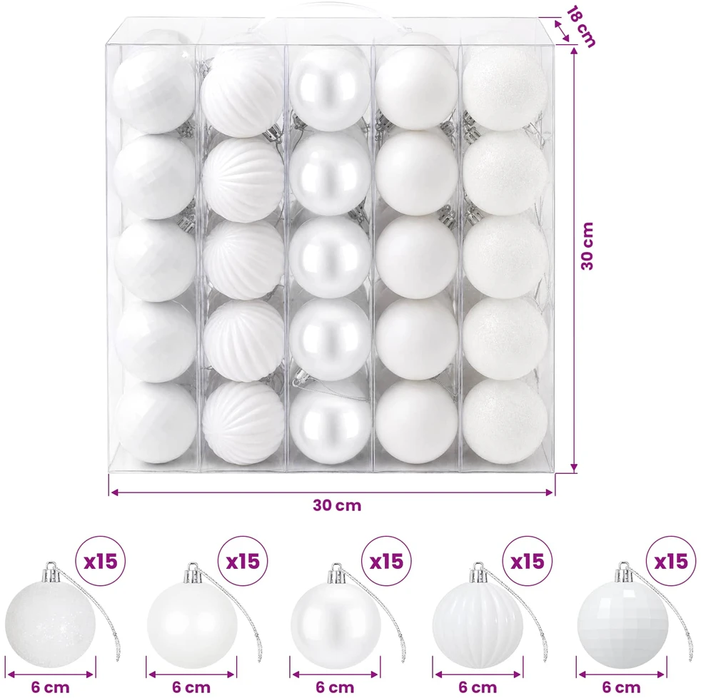Kalėdų kamuoliukų rinkinys 75 vnt. Balta 6 cm Polystirenas