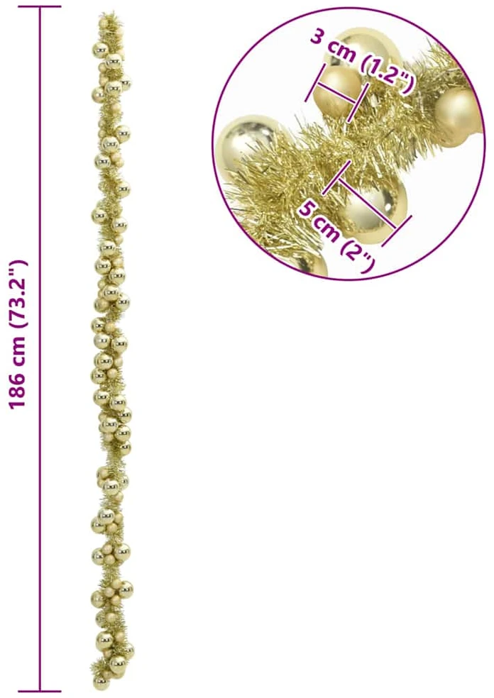 Kalėdų rutulių girlianda LED Auksinė 186 cm Polystirenas