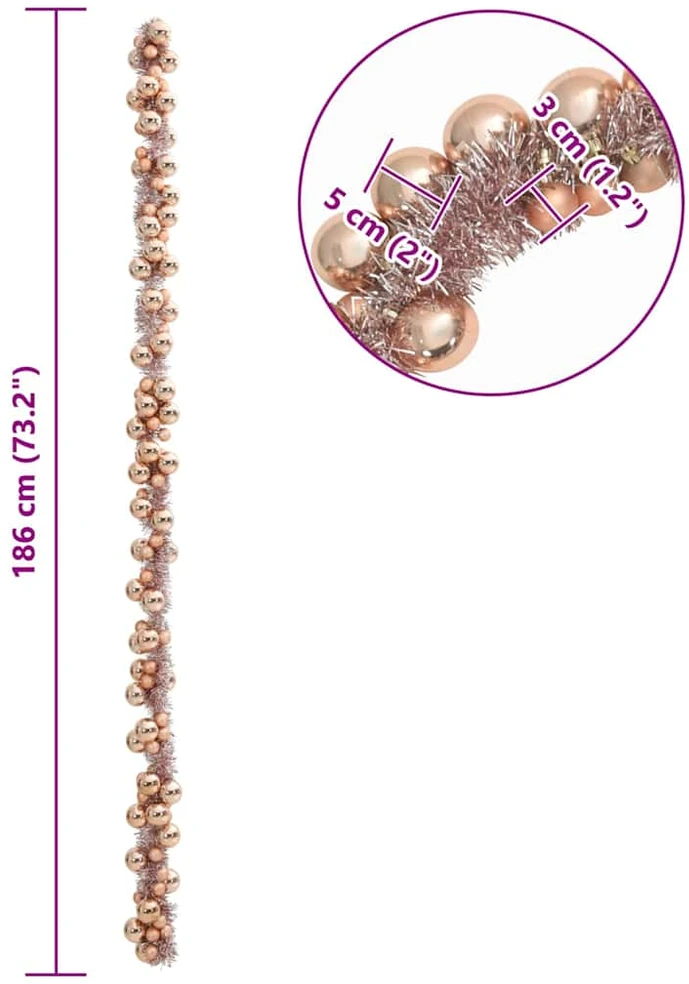 Kalėdų rutulių girlianda LED Rožinė aukso 186 cm Polystirenas