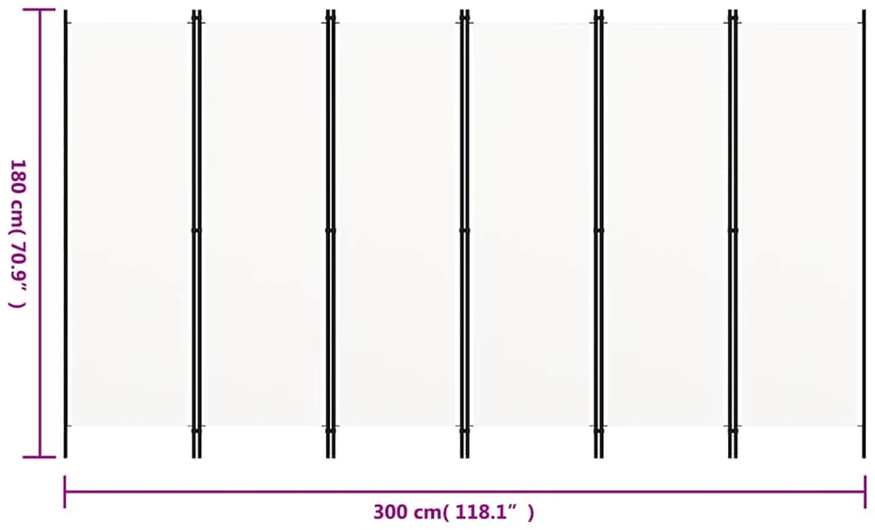 Kambario pertvara, 6 dalių, baltos spalvos, 300x180cm