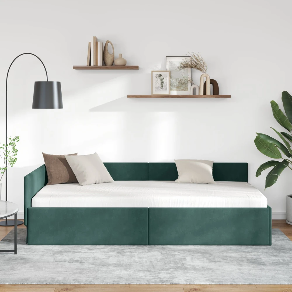 Lova Kampinė lovos konstrukcija Tamsiai žalia 90 x 200 cm Aksomas