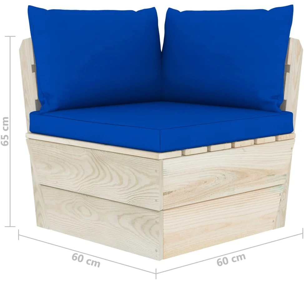Kampinė sodo sofa iš palečių su pagalvėlėmis, impregnuota eglė