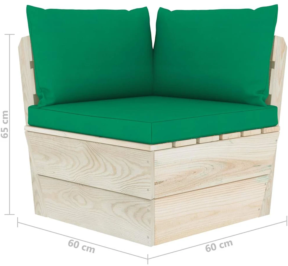 Kampinė sodo sofa iš palečių su pagalvėlėmis, impregnuota eglė