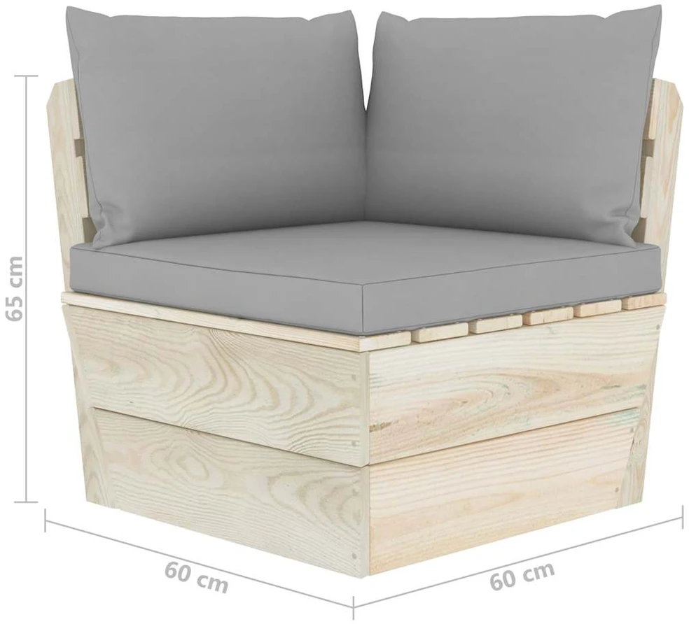 Kampinė sodo sofa iš palečių su pagalvėlėmis, impregnuota eglė