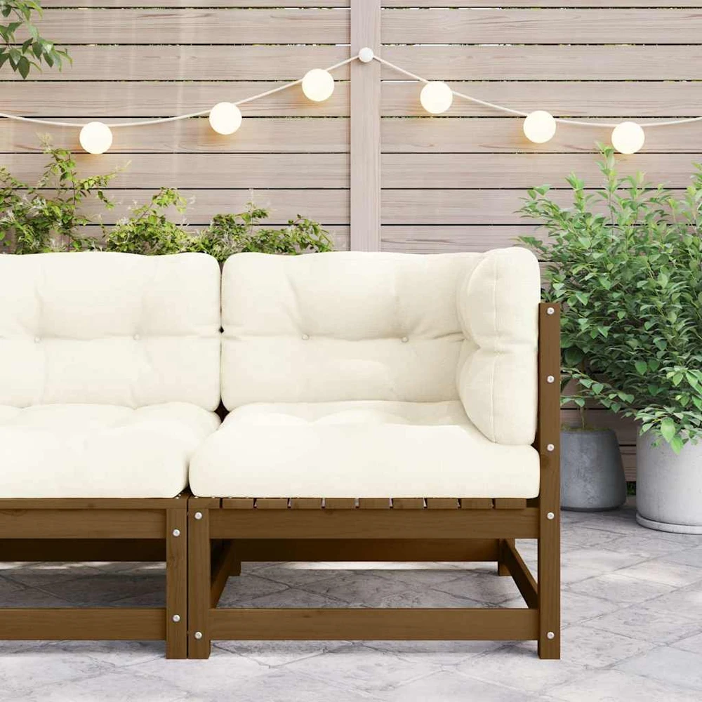 Kampinė sodo sofa su kreminėmis pagalvėlėmis, pušies masyvas