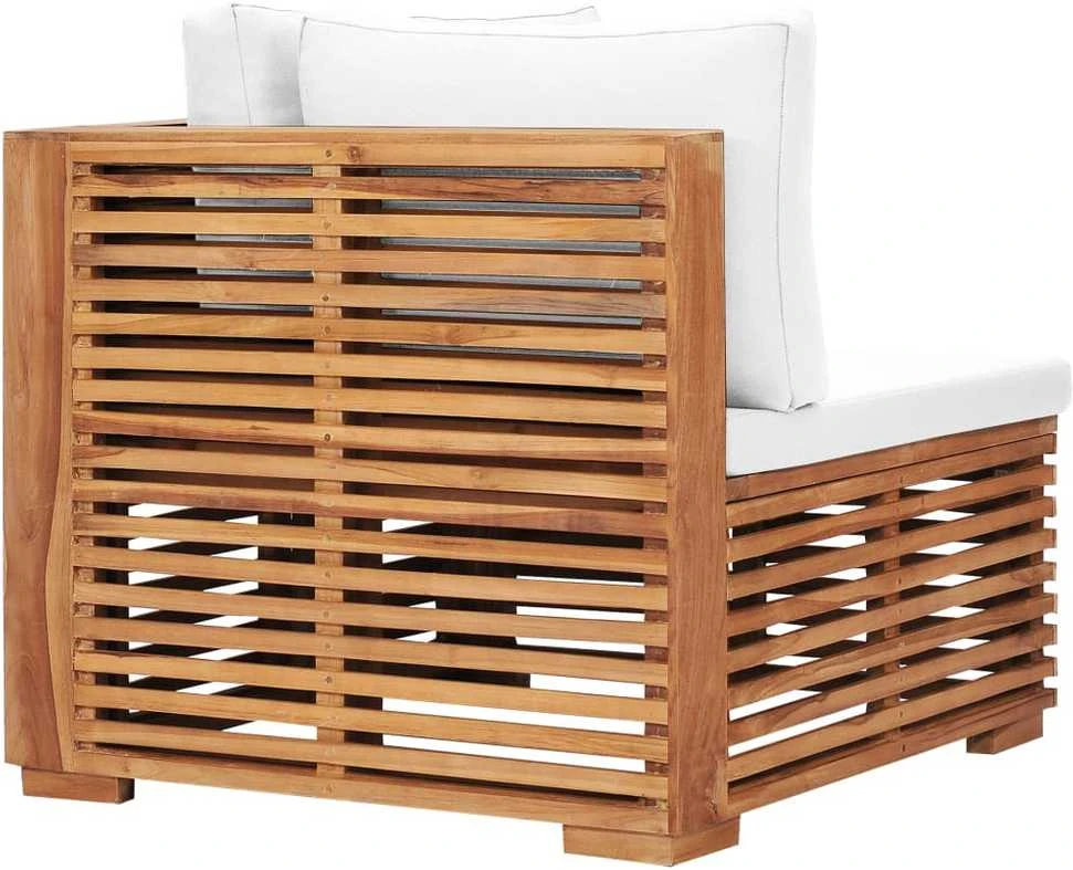 Kampinė sodo sofa su kreminėmis pagalvėlėmis, tikmedžio masyvas