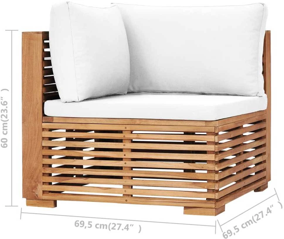 Kampinė sodo sofa su kreminėmis pagalvėlėmis, tikmedžio masyvas