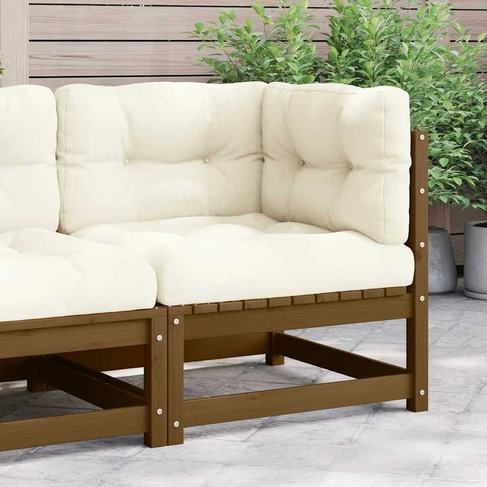 Kampinė sodo sofa su kreminėmis pagalvėlėmis, pušies masyvas