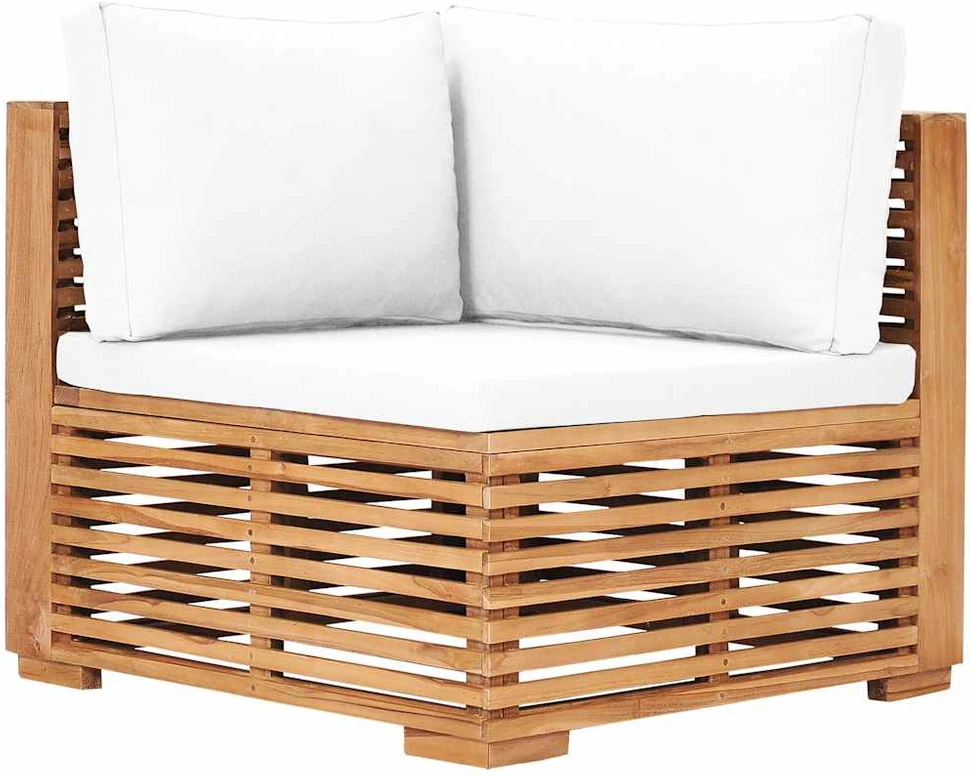 Kampinė sodo sofa su kreminėmis pagalvėlėmis, tikmedžio masyvas