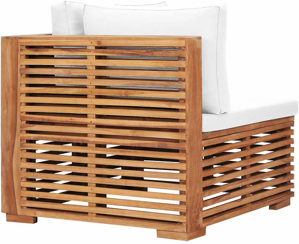 Kampinė sodo sofa su kreminėmis pagalvėlėmis, tikmedžio masyvas
