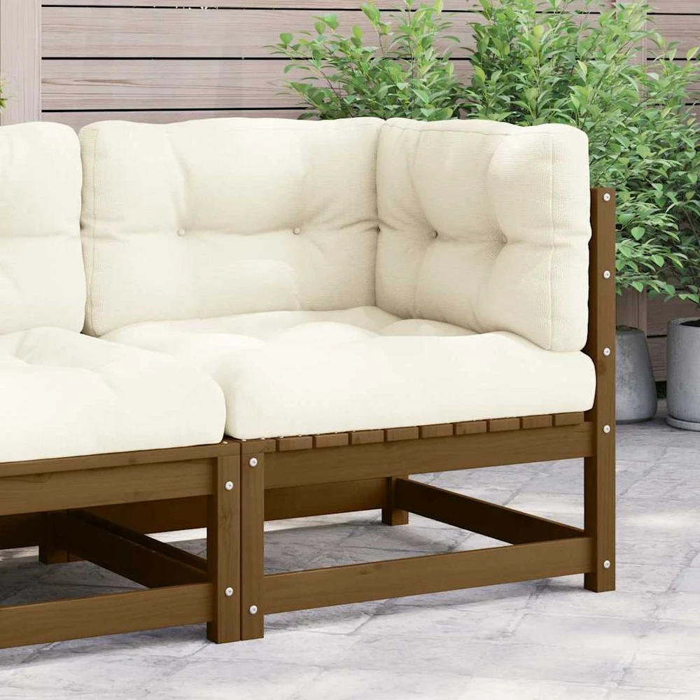 Kampinė sodo sofa su kreminėmis pagalvėlėmis, pušies masyvas
