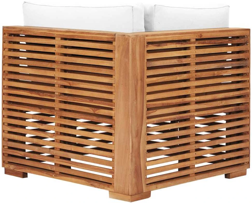 Kampinė sodo sofa su kreminėmis pagalvėlėmis, tikmedžio masyvas