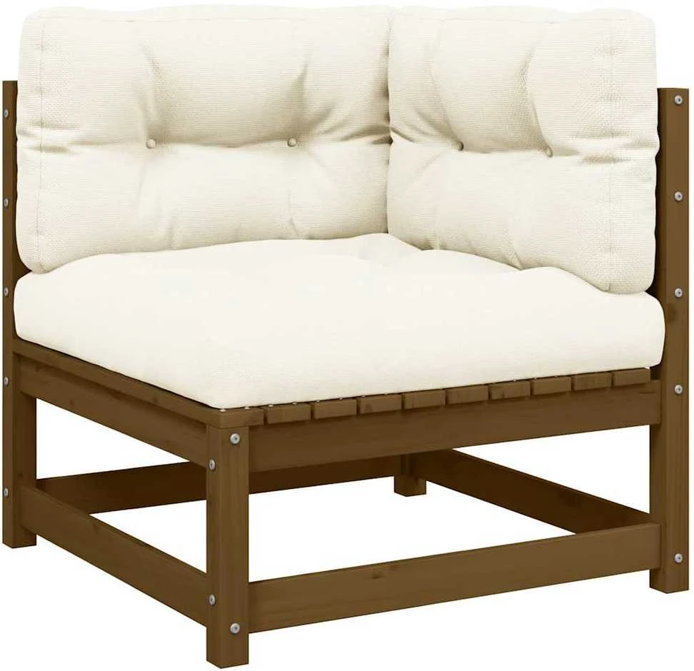 Kampinė sodo sofa su kreminėmis pagalvėlėmis, pušies masyvas