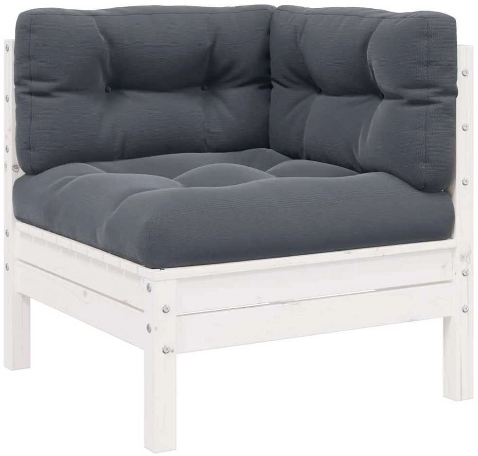 Kampinė sodo sofa su pagalvėlėmis, balta, pušies masyvas