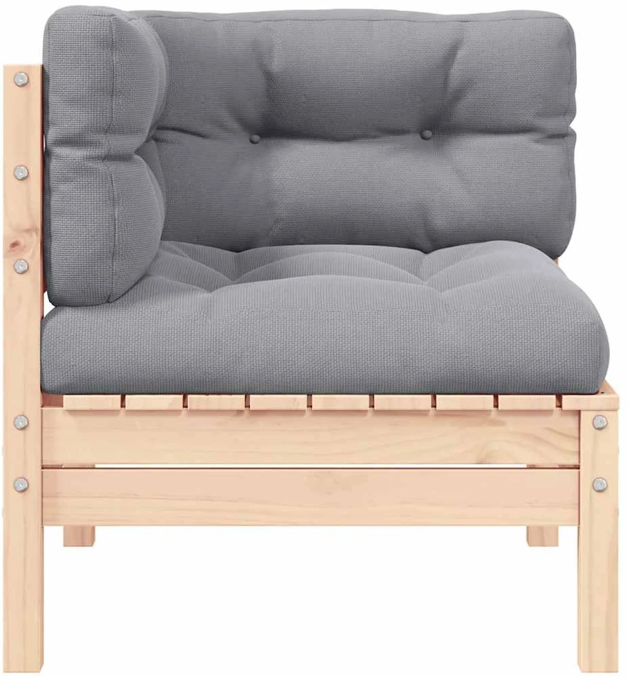 Kampinė sodo sofa su pilkomis pagalvėlėmis, pušies masyvas