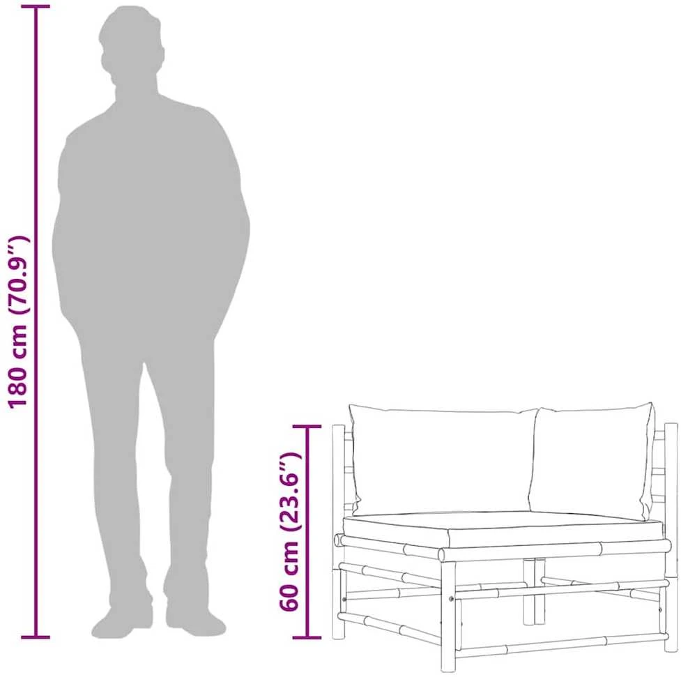 Kampinė sodo sofa su tamsiai pilkomis pagalvėlėmis, bambukas