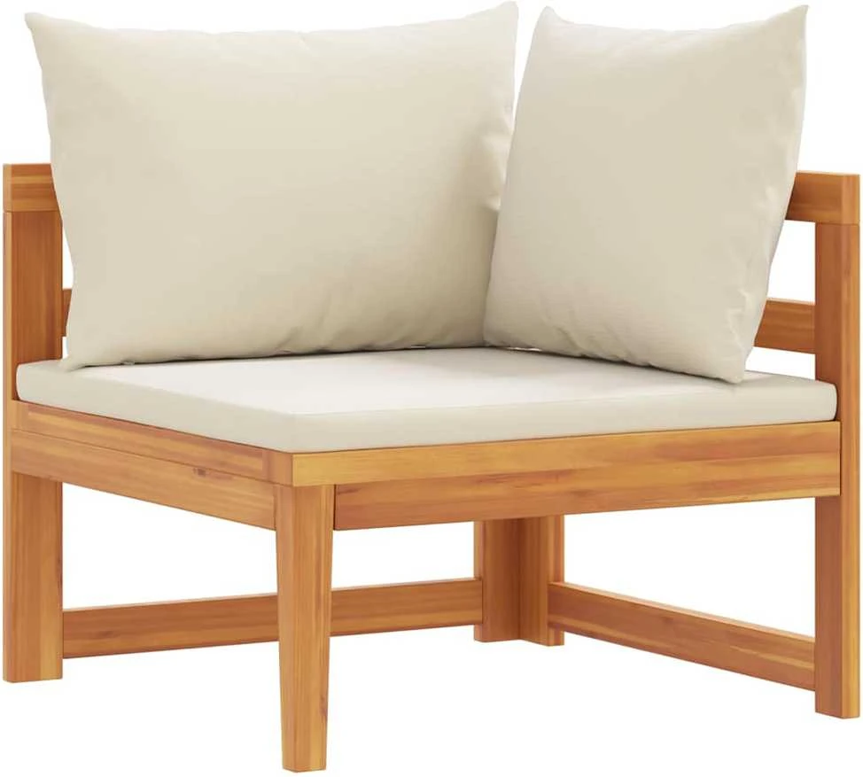 Kampinė sofa su kreminėmis pagalvėlėmis, akacijos masyvas