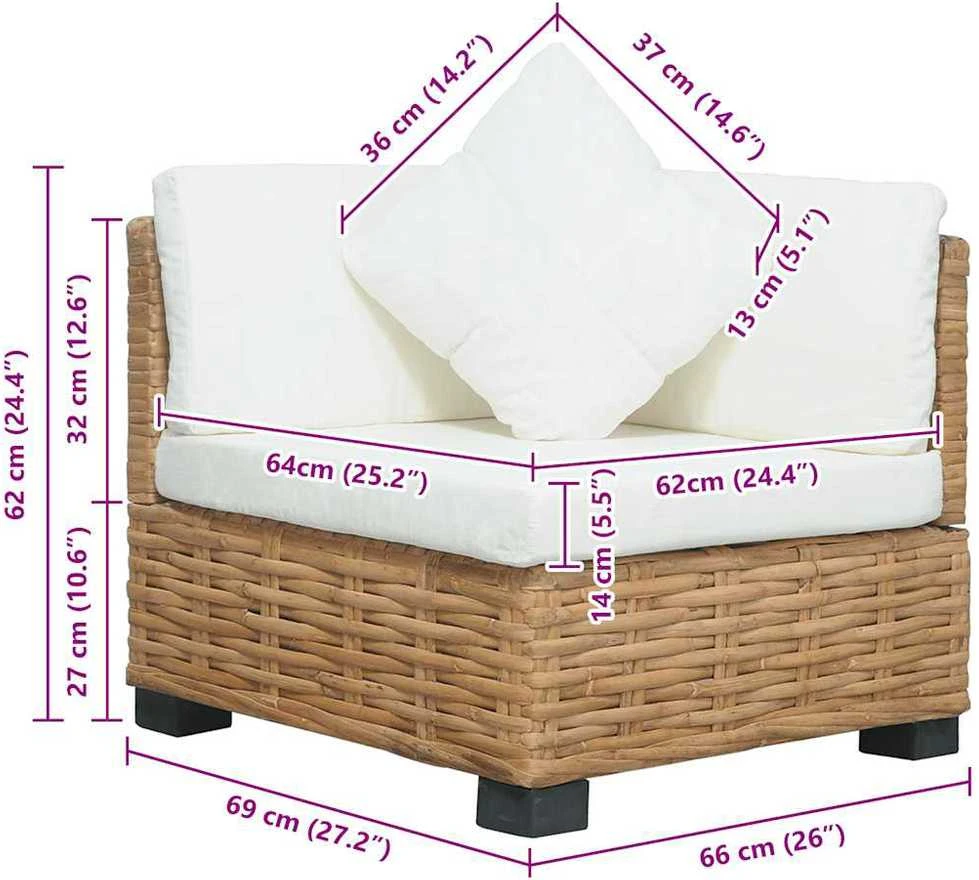 Kampinė sofa su pagalvėlėmis, natūralus ratanas
