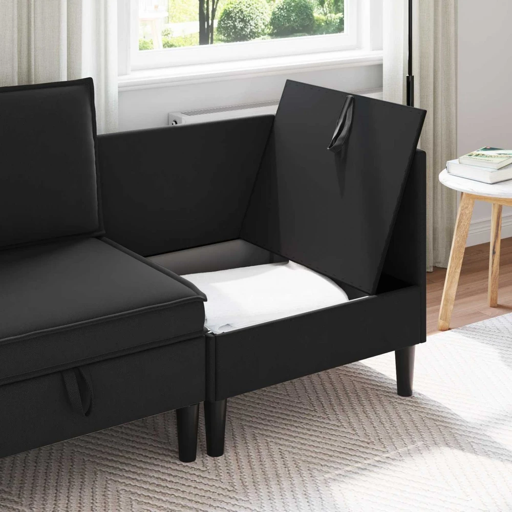 Kampinė Sofa su Saugykla Juoda Aksomas