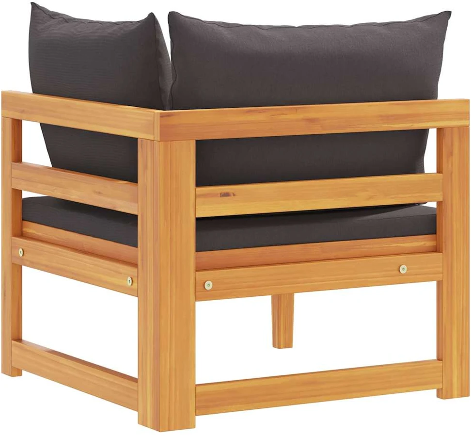 Kampinė sofa su tamsiai pilkomis pagalvėlėmis, akacijos masyvas
